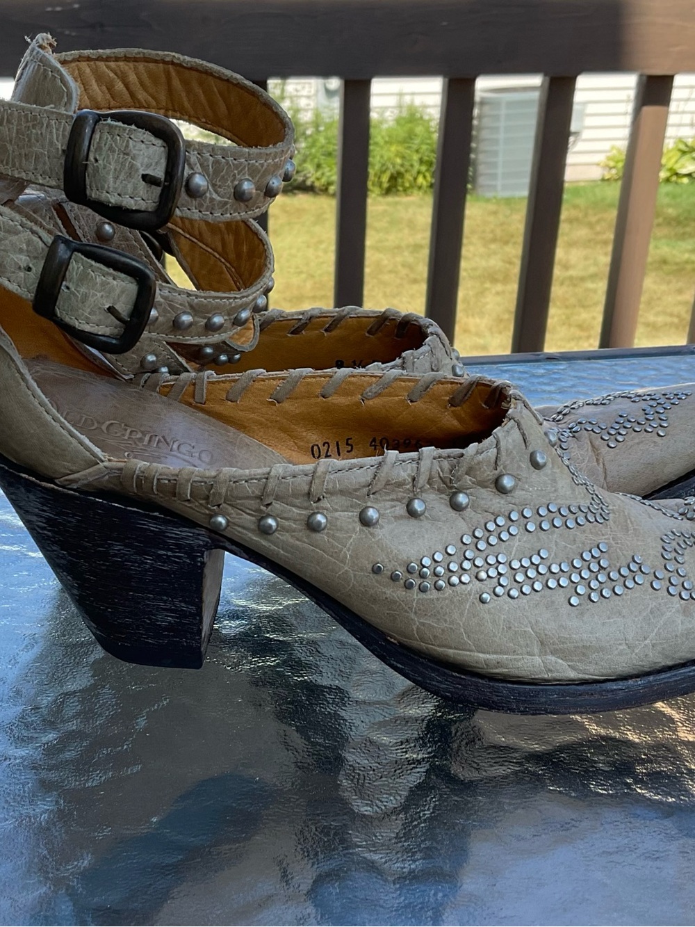 Beige Studded Leather Pointed-Toe Ankle-Strap Heels By Old Gringo - Picture 2 of 8